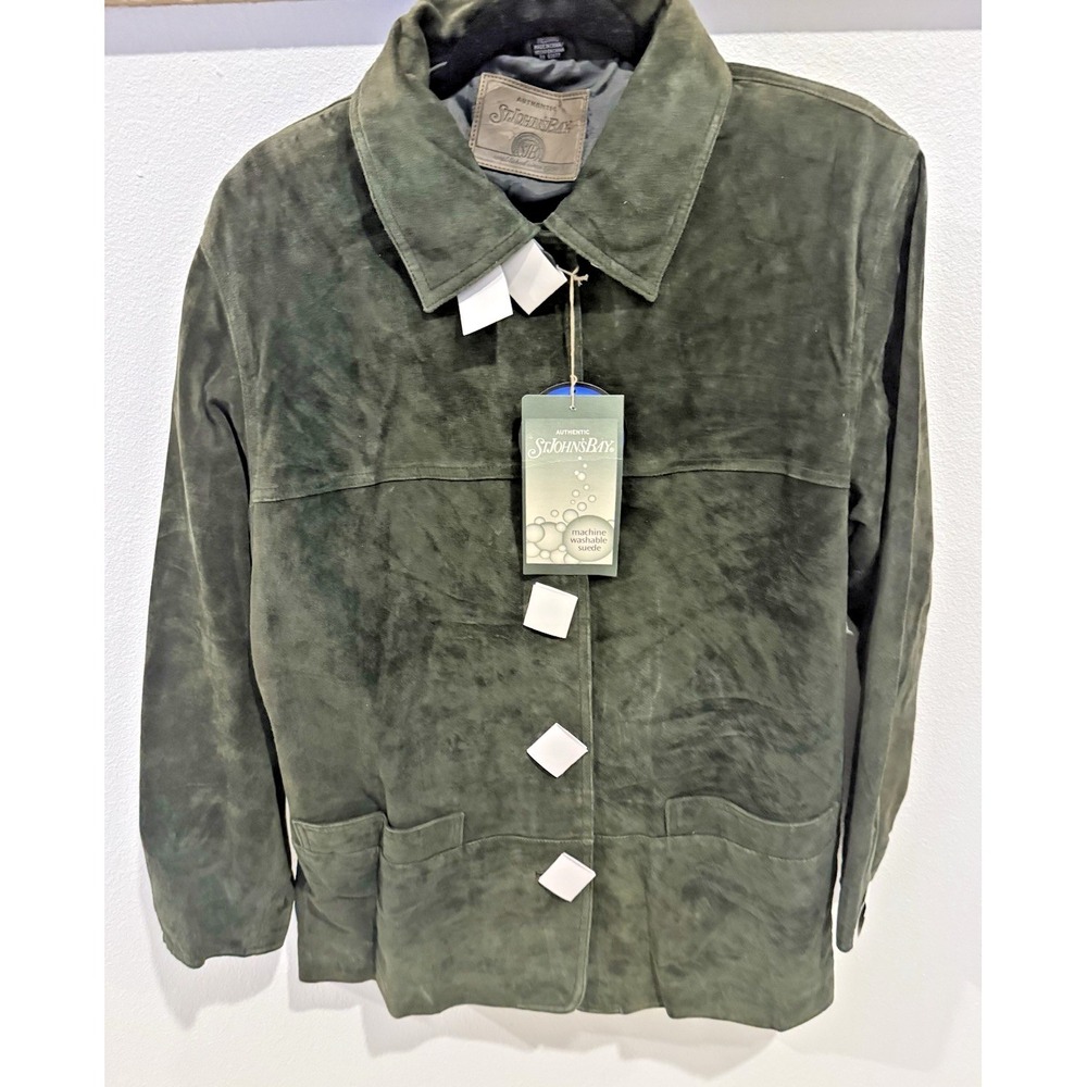 NWT St John's Bay Men Sz M Green Authentic Washable Suede Leather Jacket